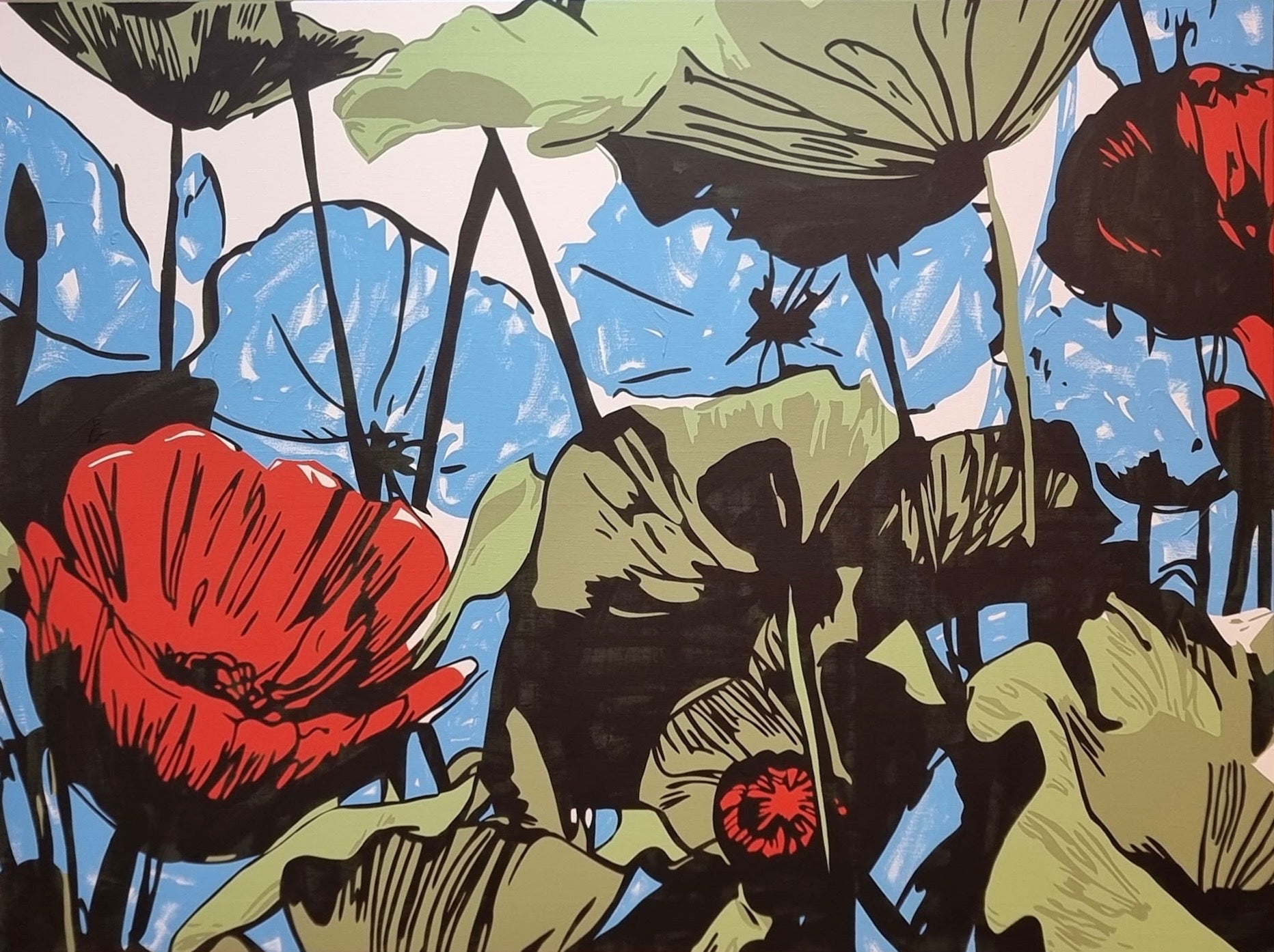 Just For 2 Hours (2026), acrylique sur lin français 130 × 97 cm — coquelicots pop de FenX, Galerie Bonnet-Abelin, Lyon · Genève